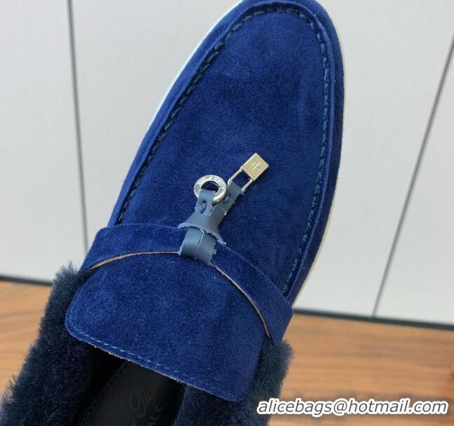 Best Grade Loro Piana Summer Charm Loafers in Suede and Wool Fur Dark Blue 1113127