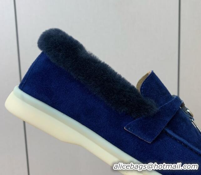 Best Grade Loro Piana Summer Charm Loafers in Suede and Wool Fur Dark Blue 1113127