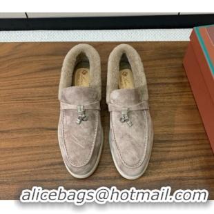 Good Quality Loro Piana Summer Charm Loafers in Suede and Wool Fur Camel 41113128