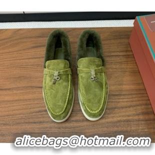 Luxurious Loro Piana Summer Charm Loafers in Suede and Wool Fur Lyw Green 1113130