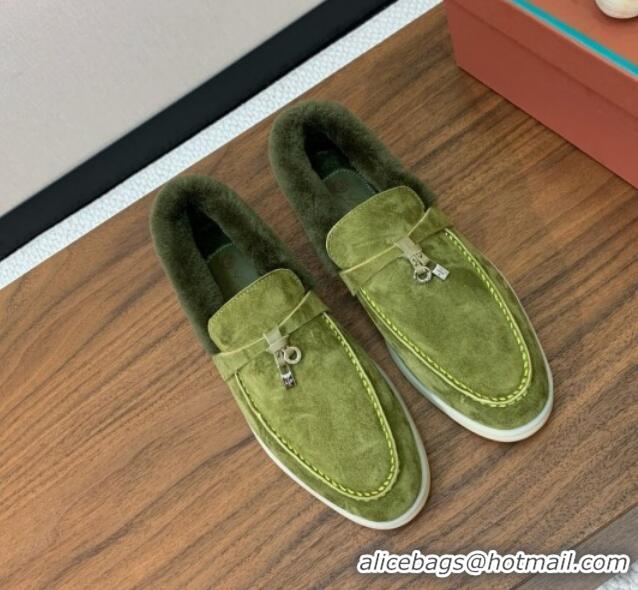 Luxurious Loro Piana Summer Charm Loafers in Suede and Wool Fur Lyw Green 1113130