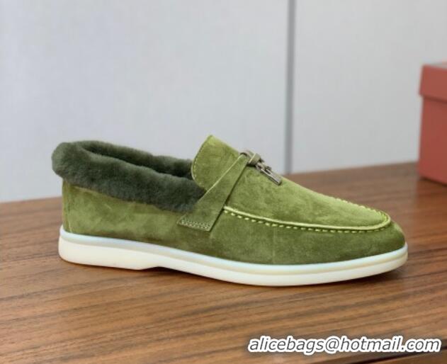 Luxurious Loro Piana Summer Charm Loafers in Suede and Wool Fur Lyw Green 1113130