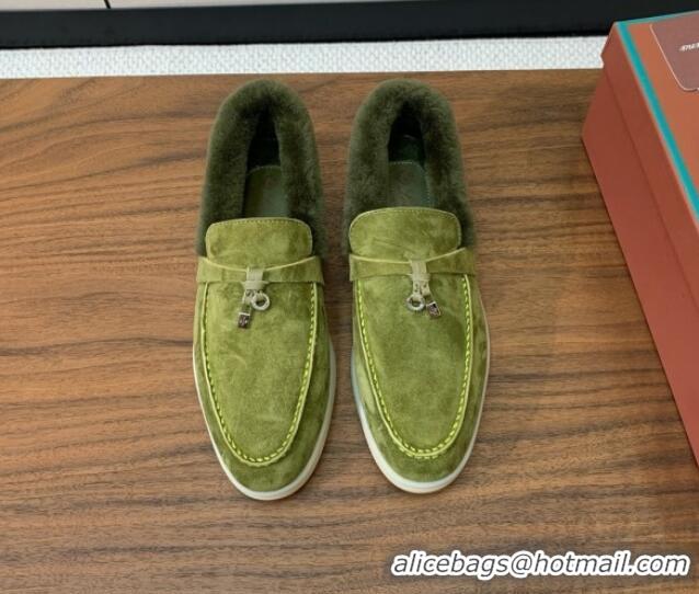 Luxurious Loro Piana Summer Charm Loafers in Suede and Wool Fur Lyw Green 1113130