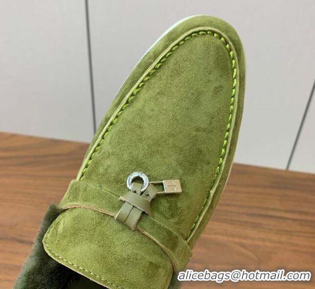 Luxurious Loro Piana Summer Charm Loafers in Suede and Wool Fur Lyw Green 1113130