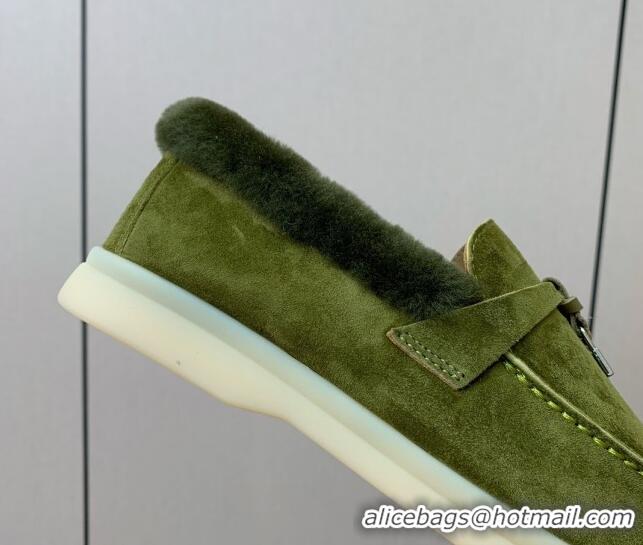 Luxurious Loro Piana Summer Charm Loafers in Suede and Wool Fur Lyw Green 1113130