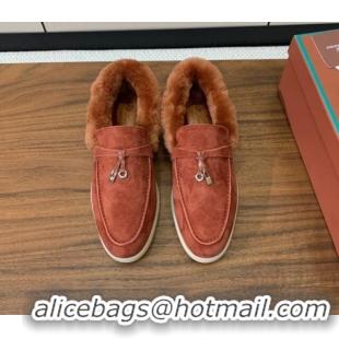 Best Product Loro Piana Summer Charm Loafers in Suede and Wool Fur Brick Red 1113132