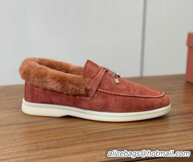 Best Product Loro Piana Summer Charm Loafers in Suede and Wool Fur Brick Red 1113132