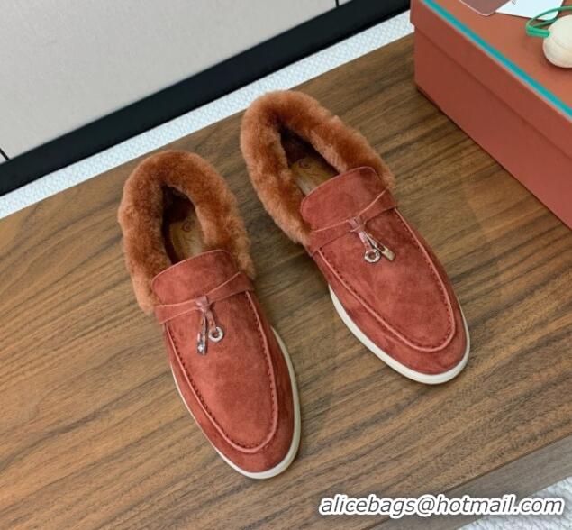 Best Product Loro Piana Summer Charm Loafers in Suede and Wool Fur Brick Red 1113132