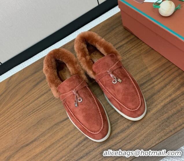 Best Product Loro Piana Summer Charm Loafers in Suede and Wool Fur Brick Red 1113132