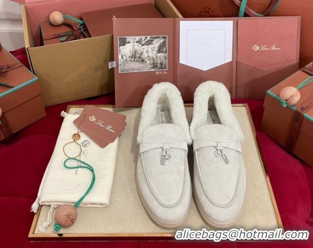 Top Grade Loro Piana Summer Charm Loafers in Suede and Beaver Fur White 1113133