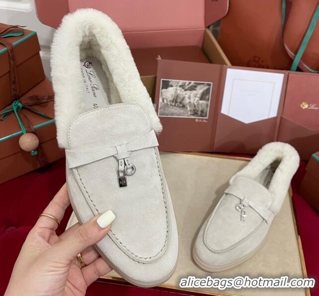 Top Grade Loro Piana Summer Charm Loafers in Suede and Beaver Fur White 1113133