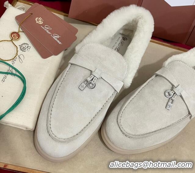 Top Grade Loro Piana Summer Charm Loafers in Suede and Beaver Fur White 1113133