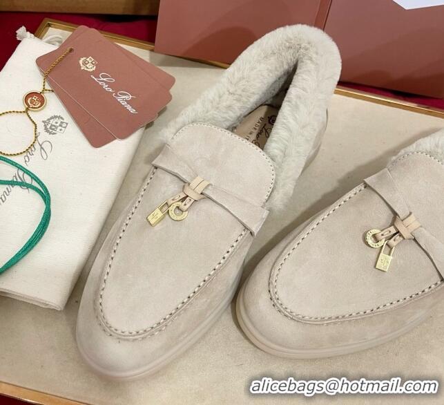 Unique Style Loro Piana Summer Charm Loafers in Suede and Beaver Fur Light Grey 1113134