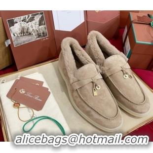 Top Design Loro Piana Summer Charm Loafers in Suede and Beaver Fur Beige Grey 1113136