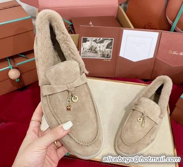 Top Design Loro Piana Summer Charm Loafers in Suede and Beaver Fur Beige Grey 1113136