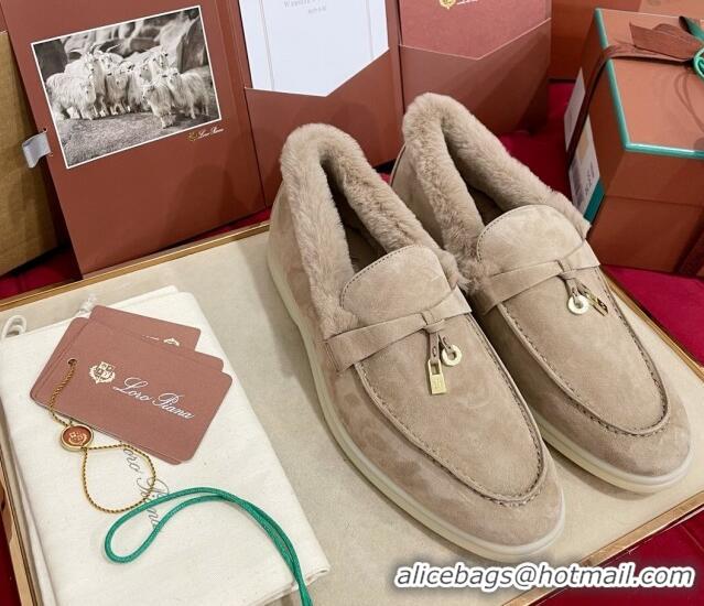 Top Design Loro Piana Summer Charm Loafers in Suede and Beaver Fur Beige Grey 1113136