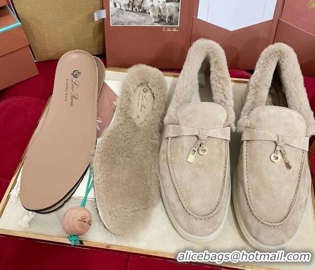 Top Design Loro Piana Summer Charm Loafers in Suede and Beaver Fur Beige Grey 1113136