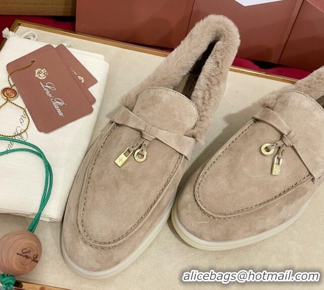 Top Design Loro Piana Summer Charm Loafers in Suede and Beaver Fur Beige Grey 1113136