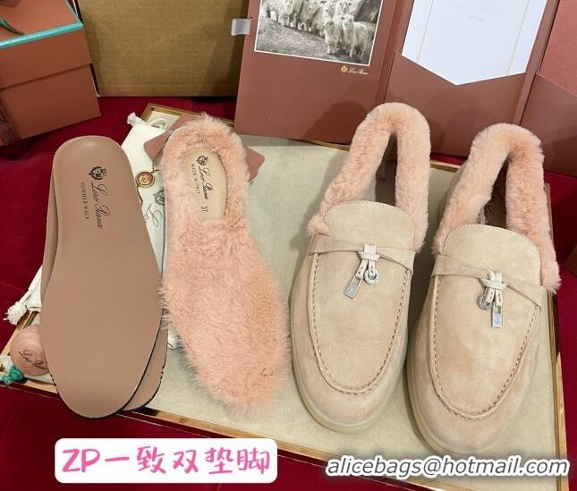 Cheap Price Loro Piana Summer Charm Loafers in Suede and Beaver Fur Light Pink 1113137