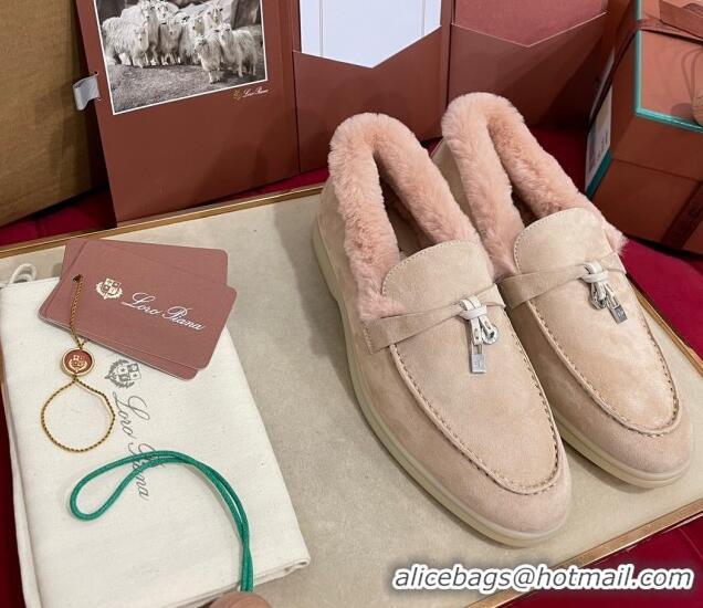 Cheap Price Loro Piana Summer Charm Loafers in Suede and Beaver Fur Light Pink 1113137