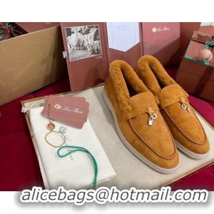 Good Quality Loro Piana Summer Charm Loafers in Suede and Beaver Fur Brown Yellow 1113139