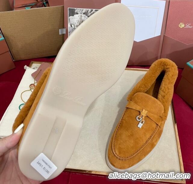 Good Quality Loro Piana Summer Charm Loafers in Suede and Beaver Fur Brown Yellow 1113139