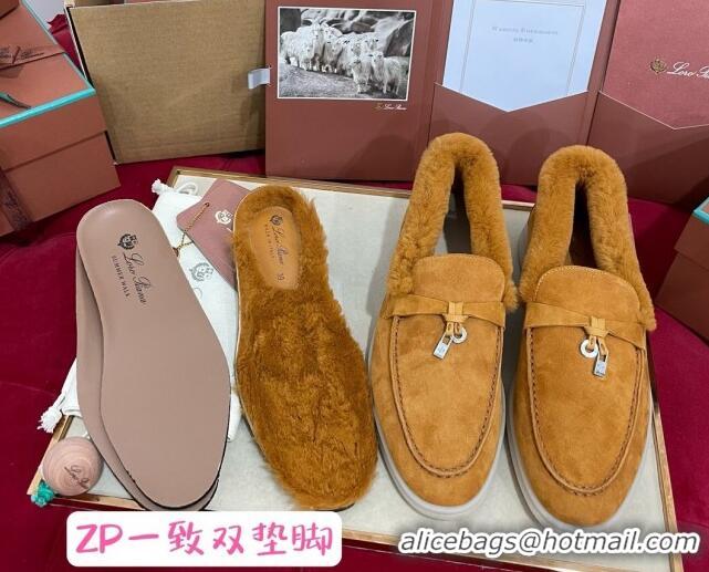 Good Quality Loro Piana Summer Charm Loafers in Suede and Beaver Fur Brown Yellow 1113139