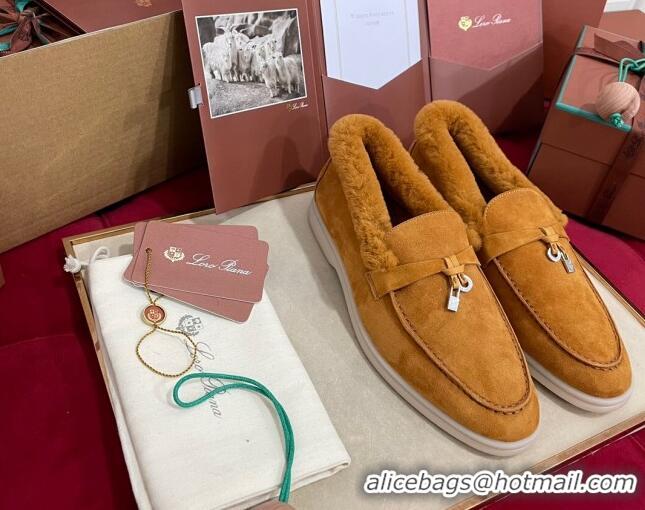 Good Quality Loro Piana Summer Charm Loafers in Suede and Beaver Fur Brown Yellow 1113139