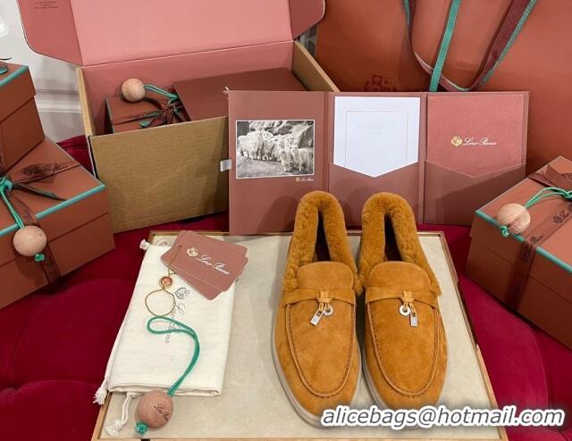 Good Quality Loro Piana Summer Charm Loafers in Suede and Beaver Fur Brown Yellow 1113139