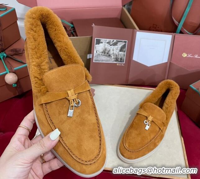 Good Quality Loro Piana Summer Charm Loafers in Suede and Beaver Fur Brown Yellow 1113139