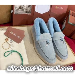 Low Price Loro Piana Summer Charm Loafers in Suede and Beaver Fur Light Blue 1113140