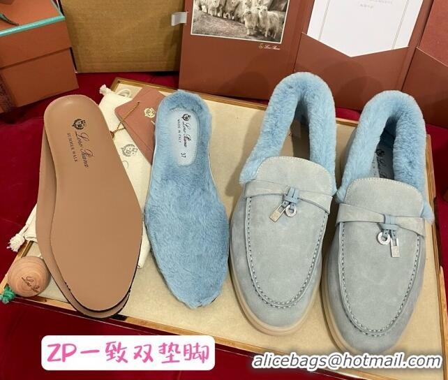 Low Price Loro Piana Summer Charm Loafers in Suede and Beaver Fur Light Blue 1113140