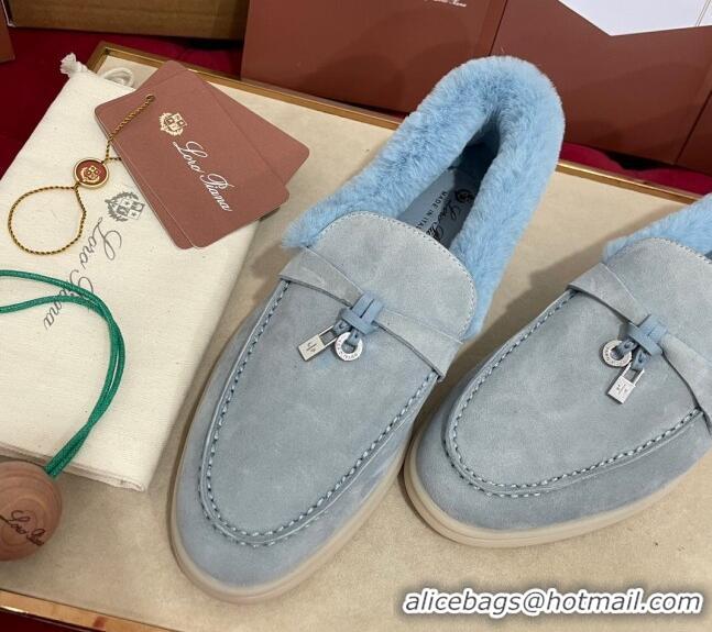 Low Price Loro Piana Summer Charm Loafers in Suede and Beaver Fur Light Blue 1113140