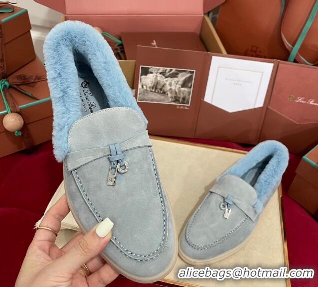 Low Price Loro Piana Summer Charm Loafers in Suede and Beaver Fur Light Blue 1113140