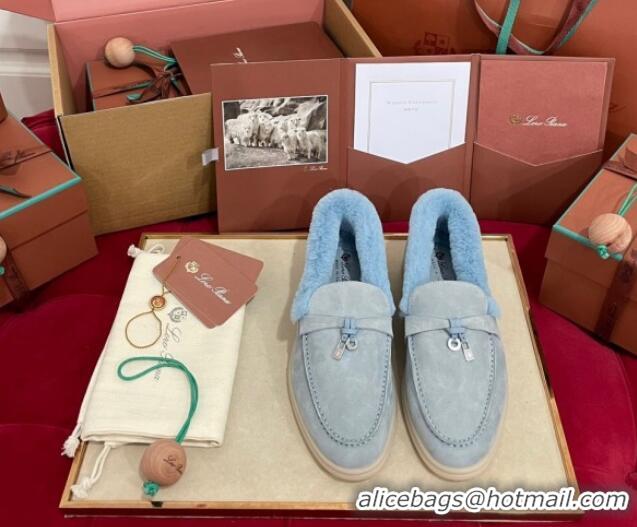 Low Price Loro Piana Summer Charm Loafers in Suede and Beaver Fur Light Blue 1113140