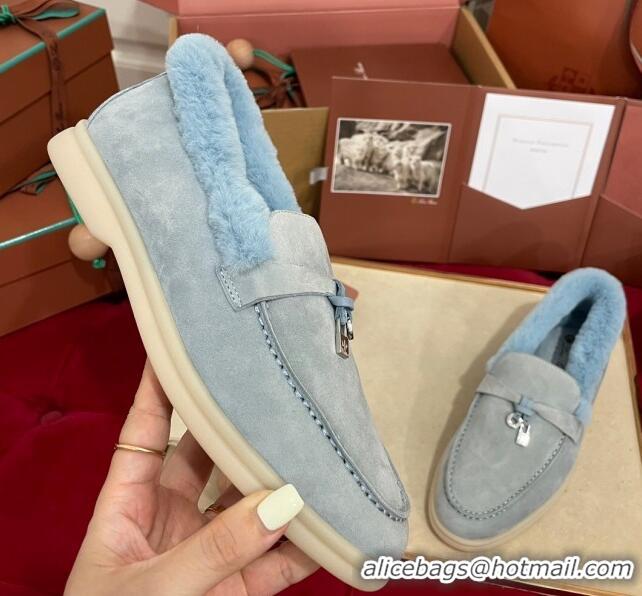 Low Price Loro Piana Summer Charm Loafers in Suede and Beaver Fur Light Blue 1113140