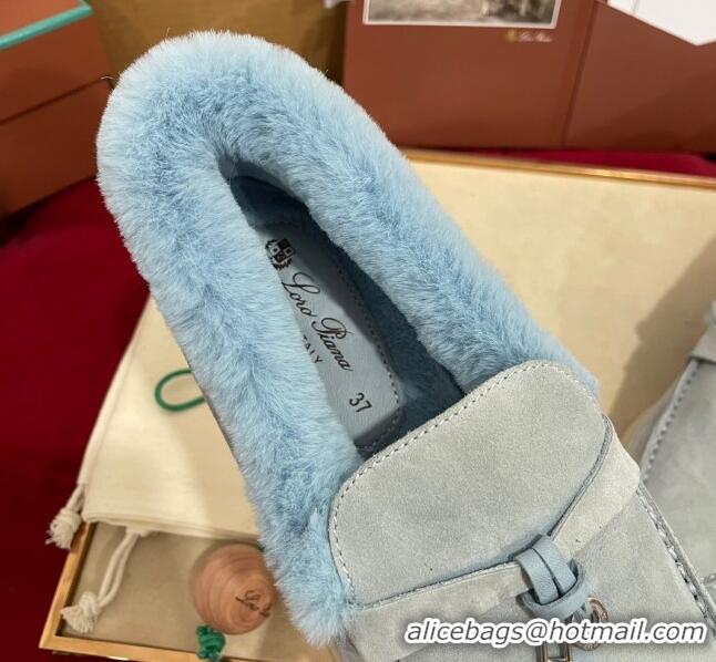 Low Price Loro Piana Summer Charm Loafers in Suede and Beaver Fur Light Blue 1113140