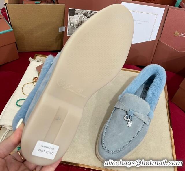 Low Price Loro Piana Summer Charm Loafers in Suede and Beaver Fur Light Blue 1113140