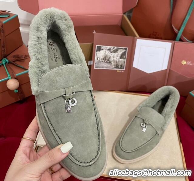 Top Grade Loro Piana Summer Charm Loafers in Suede and Beaver Fur Dusty Green 1113141