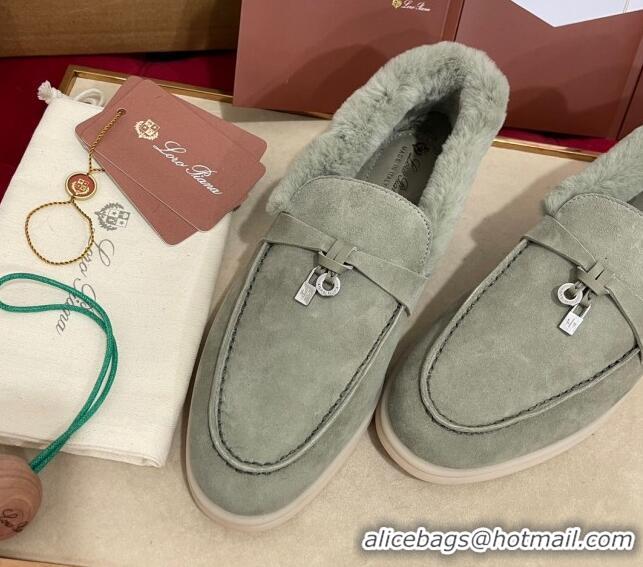 Top Grade Loro Piana Summer Charm Loafers in Suede and Beaver Fur Dusty Green 1113141