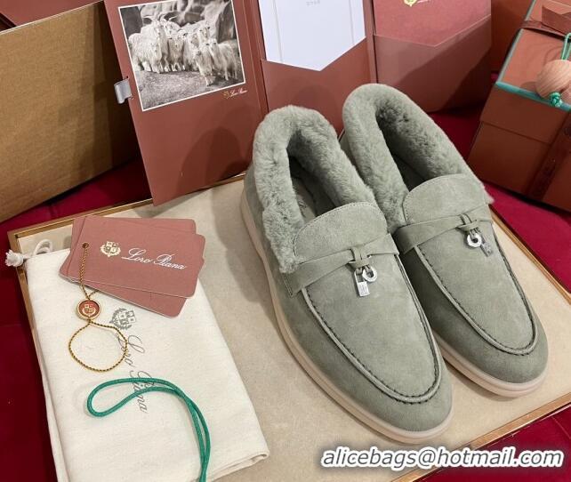 Top Grade Loro Piana Summer Charm Loafers in Suede and Beaver Fur Dusty Green 1113141