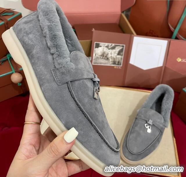 Unique Style Loro Piana Summer Charm Loafers in Suede and Beaver Fur Grey 1113142