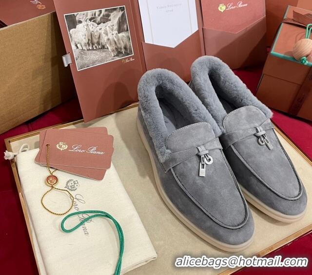 Unique Style Loro Piana Summer Charm Loafers in Suede and Beaver Fur Grey 1113142