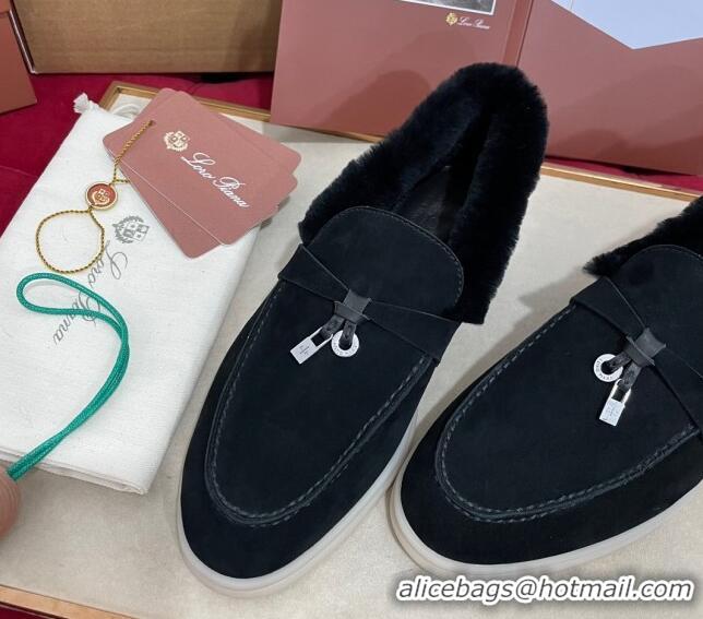 Good Product Loro Piana Summer Charm Loafers in Suede and Beaver Fur Black 1113143