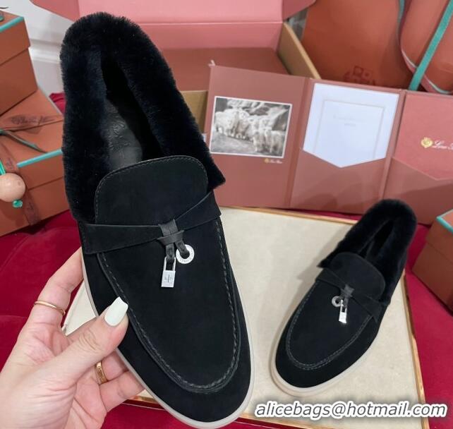 Good Product Loro Piana Summer Charm Loafers in Suede and Beaver Fur Black 1113143