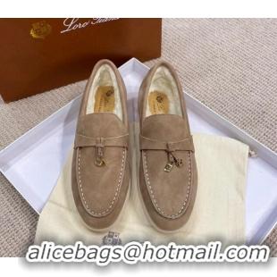 Pretty Style Loro Piana Summer Charm Loafers in Suede with Wool Lining Dark Khaki 1230001