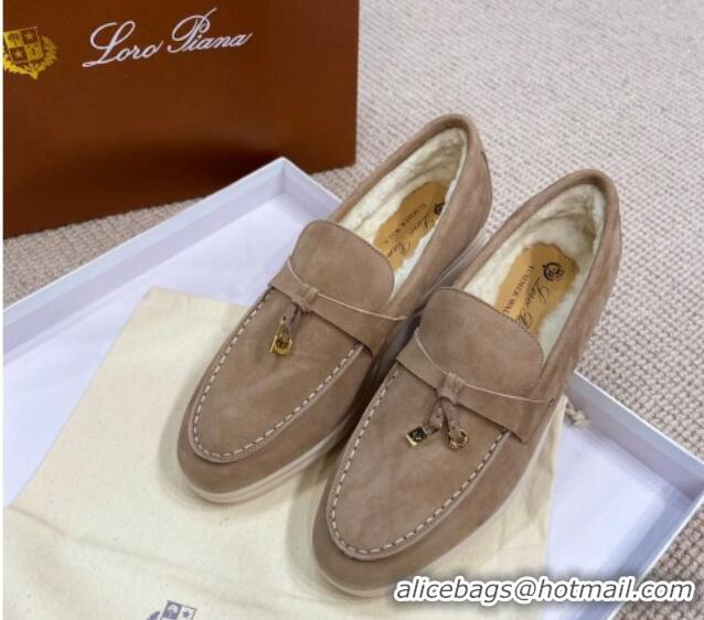 Pretty Style Loro Piana Summer Charm Loafers in Suede with Wool Lining Dark Khaki 1230001