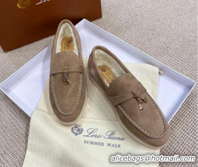 Pretty Style Loro Piana Summer Charm Loafers in Suede with Wool Lining Dark Khaki 1230001