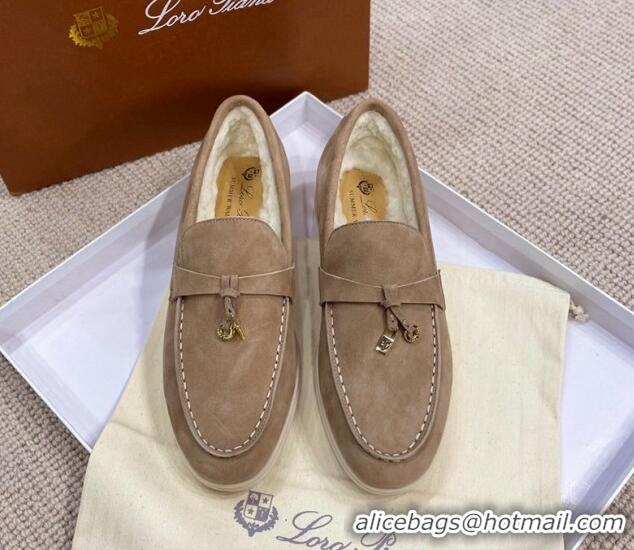 Pretty Style Loro Piana Summer Charm Loafers in Suede with Wool Lining Dark Khaki 1230001