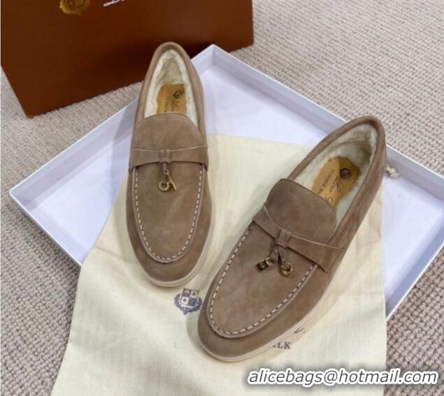 Pretty Style Loro Piana Summer Charm Loafers in Suede with Wool Lining Dark Khaki 1230001